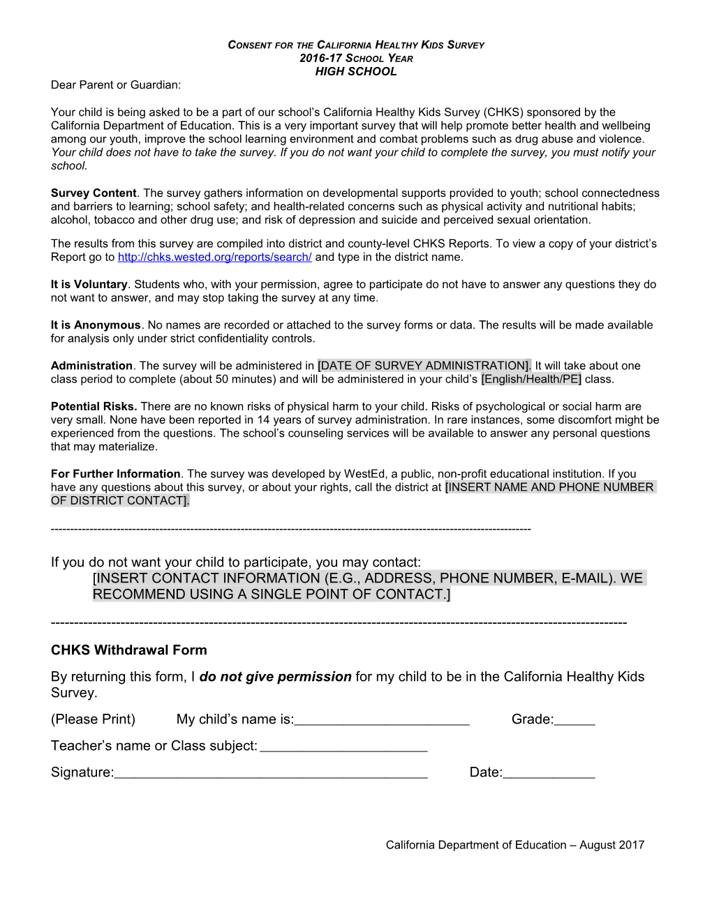 CHKS Active Consent Form Elementary - Alcohol, Tobacco & Other Drug Prevention (CA Dept