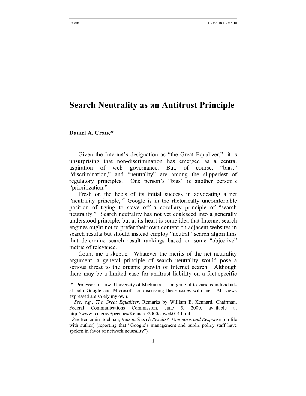 Prof. Daniel A. Crane: Search Neutrality As an Antitrust Principle