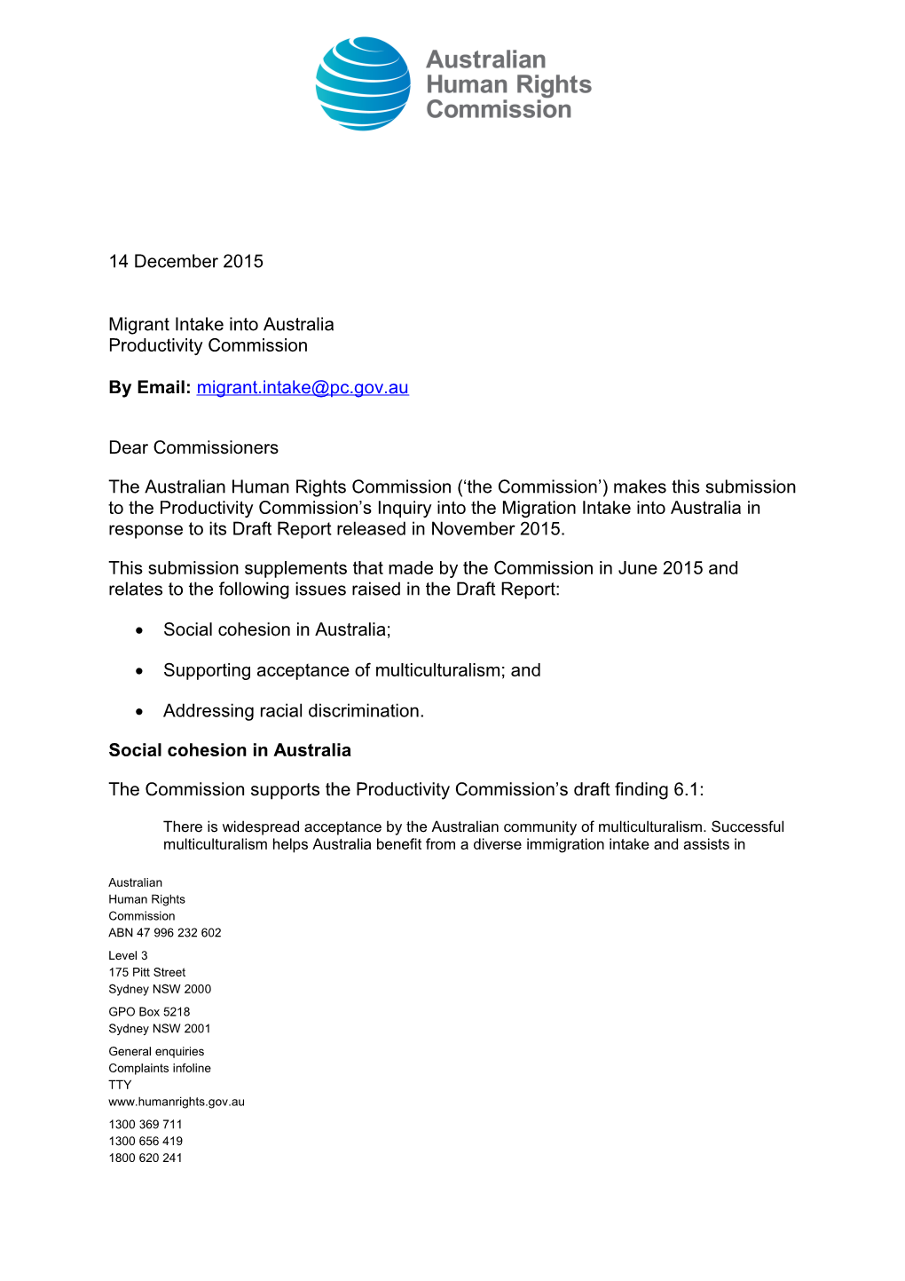 Submission DR90 - Australian Human Rights Commission - Migrant Intake Into Australia