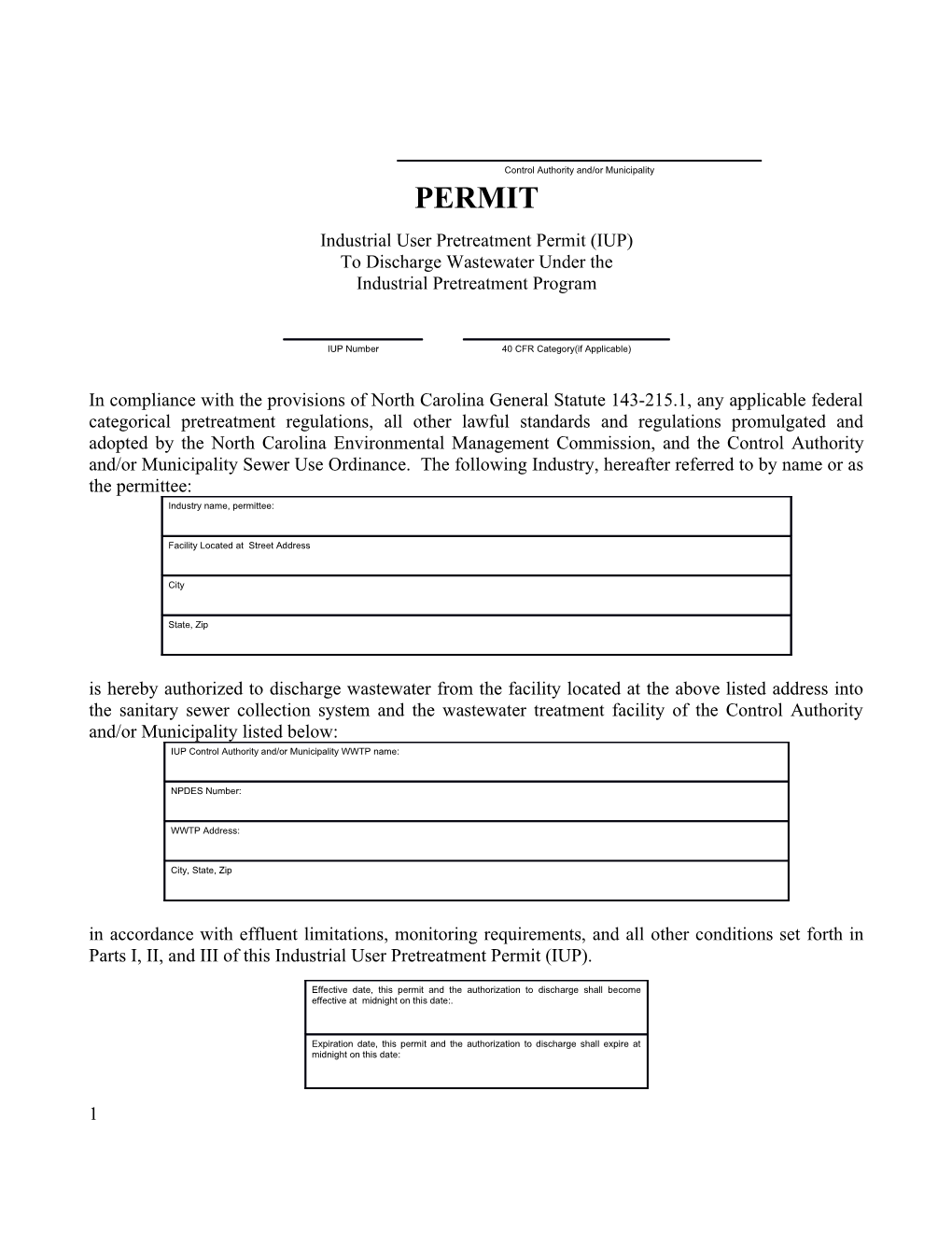 Industrial User Pretreatment Permit (IUP)