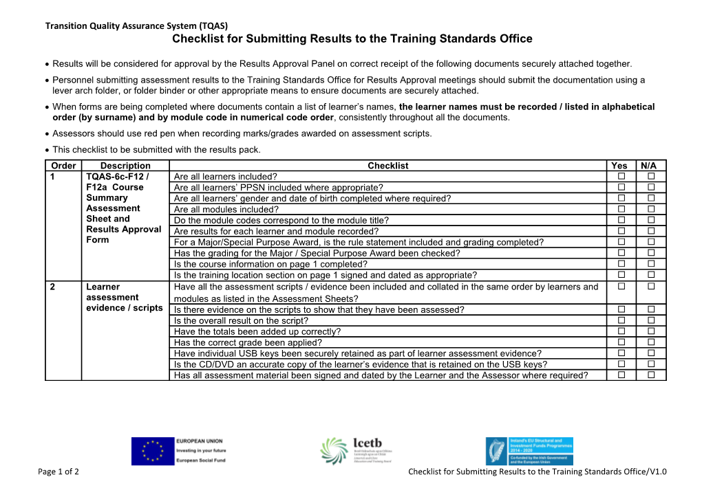 Checklist for Submitting Results to the Training Standards Office