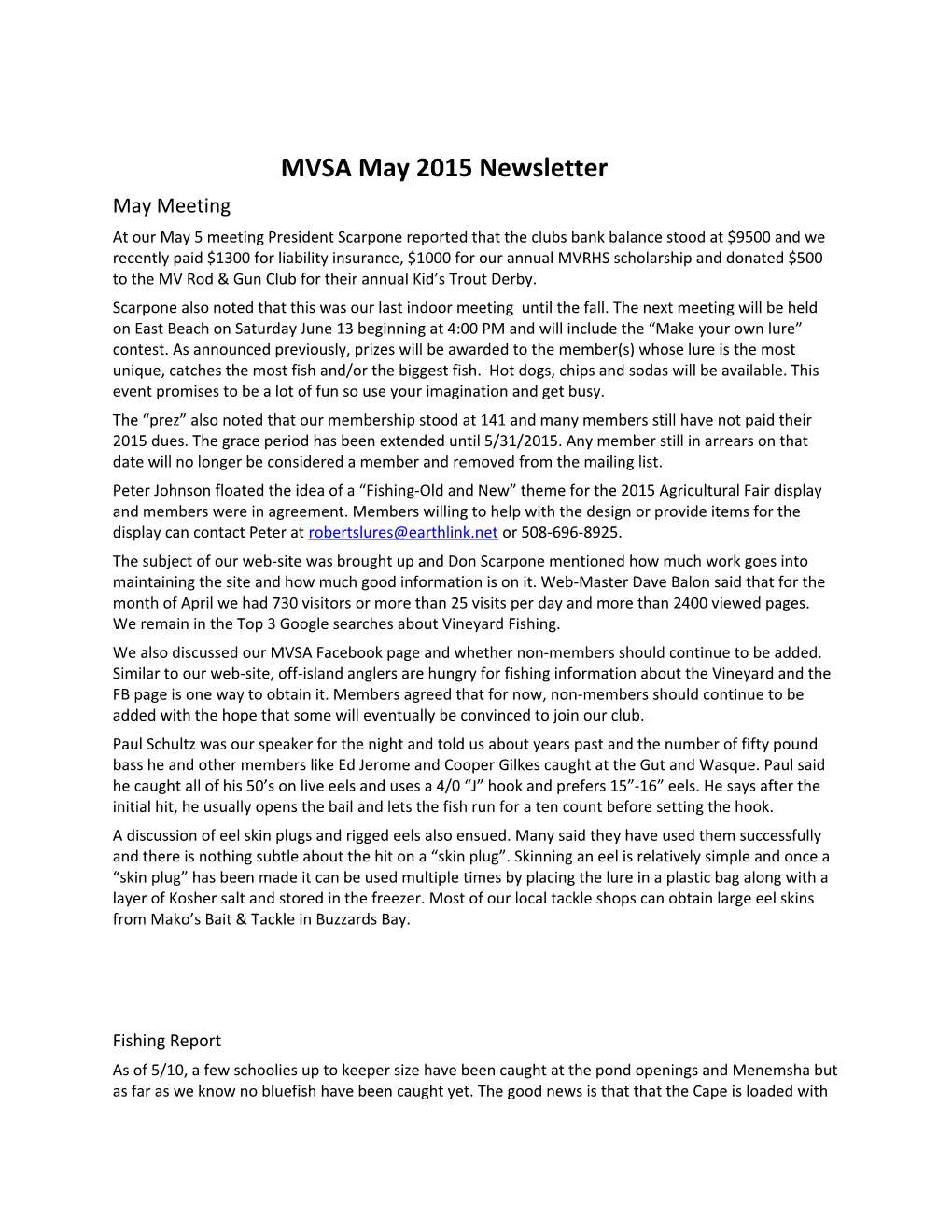 MVSA May 2015 Newsletter