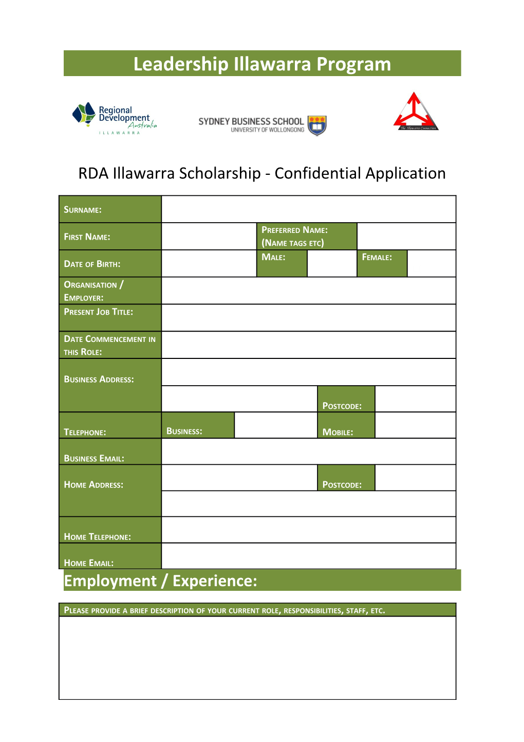 RDA Illawarra Scholarship - Confidential Application