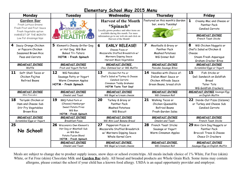 Elementary School May 2015 Menu