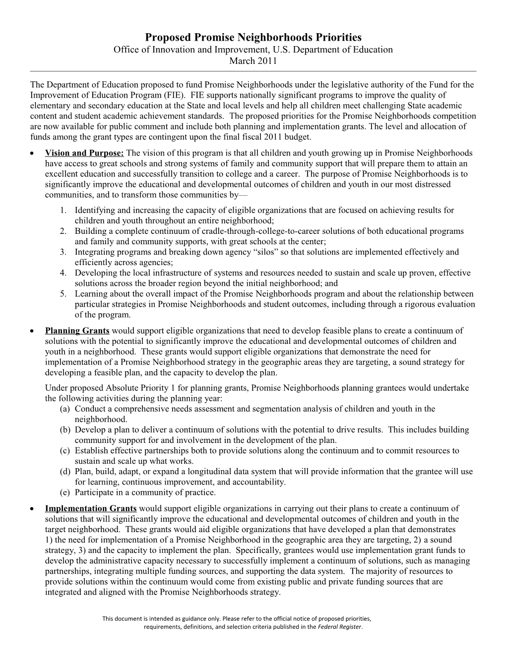 FY2011 Promise Neighborhoods Notice of Proposed Priorities At-A-Glance (MS Word)
