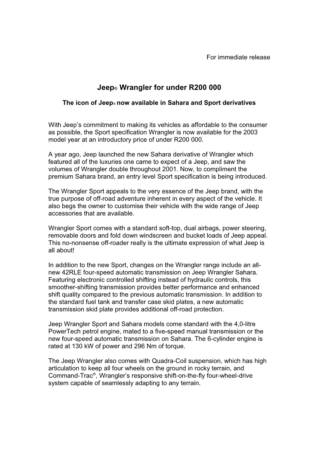 Jeep Wrangler for Under R200 000