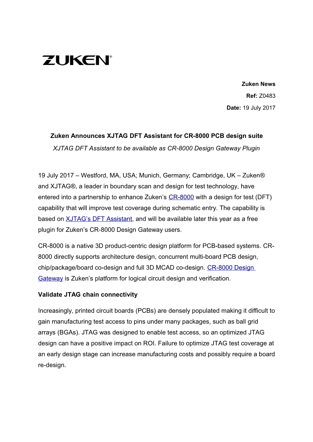 Zuken Announces XJTAG DFT Assistant for CR-8000 PCB Design Suite