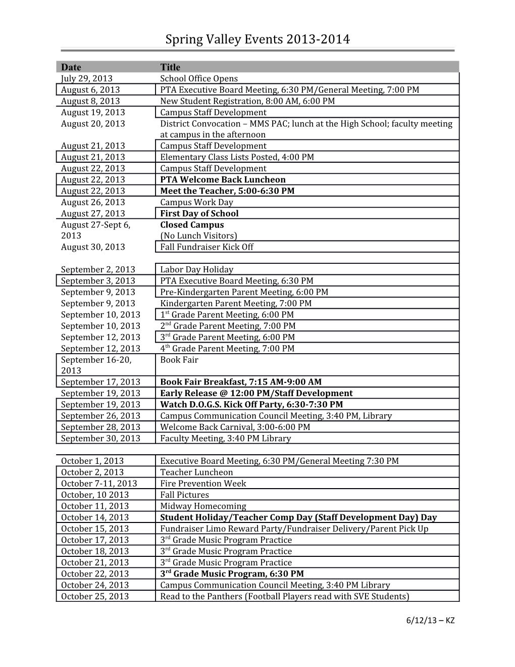 Spring Valley Events 2013-2014