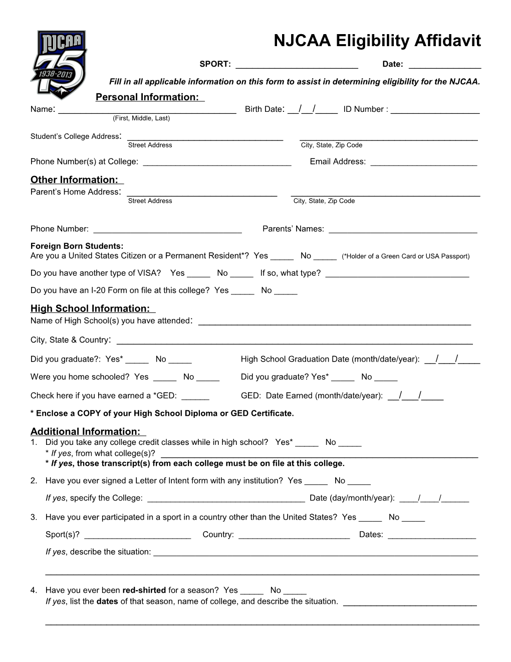 NJCAA Eligibility Affidavit