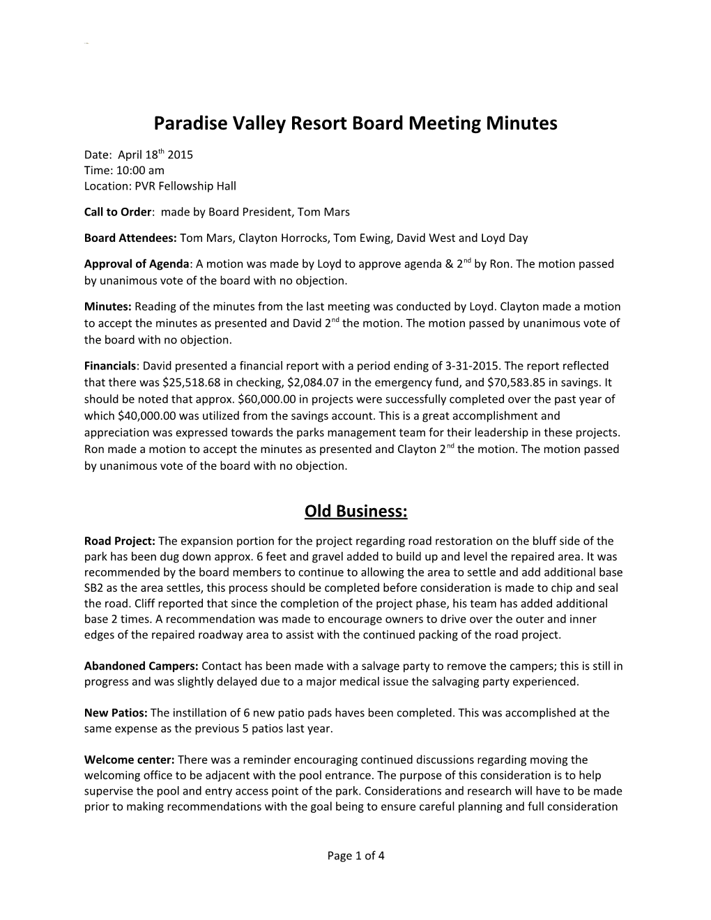 Paradise Valley Resort Board Meeting Minutes