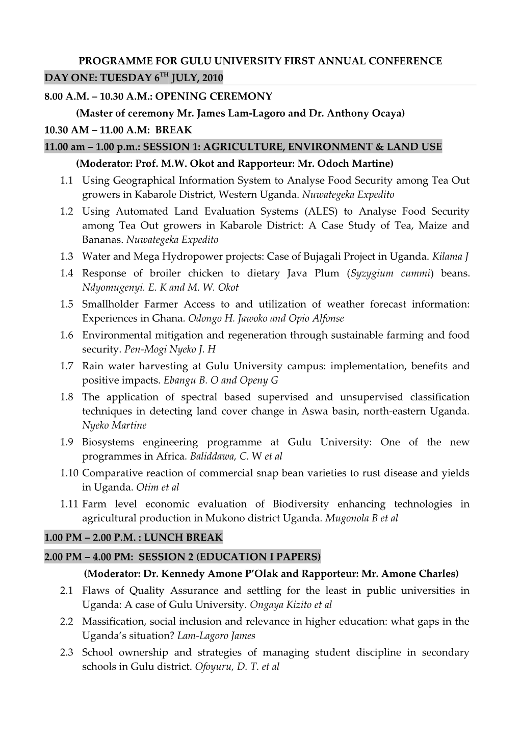 Programme for Gulu University First Annual Conference