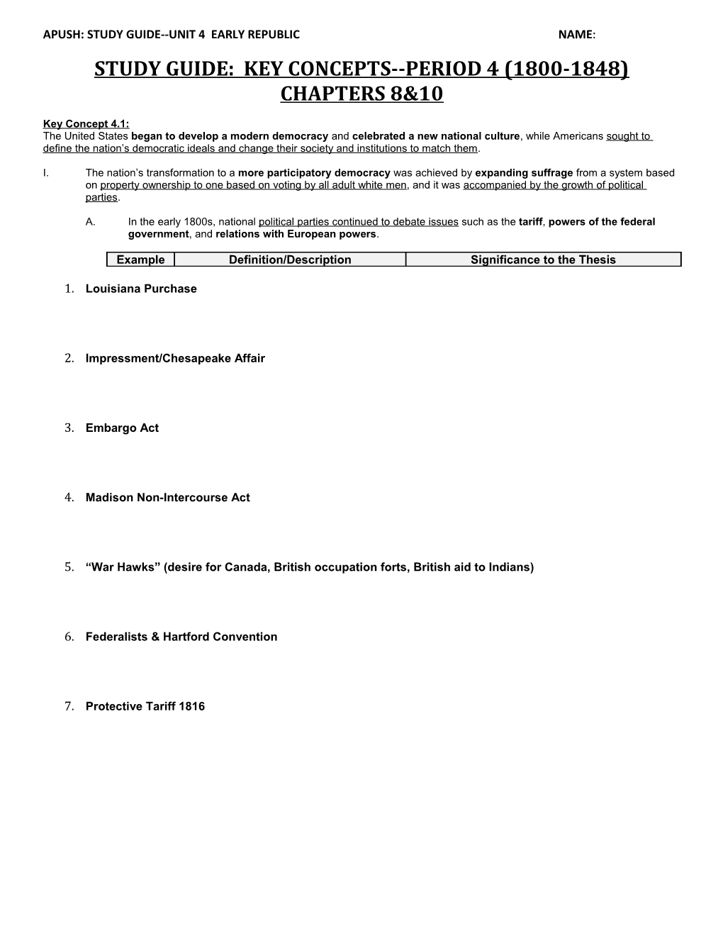 Study Guide: Key Concepts Period 4 (1800-1848)