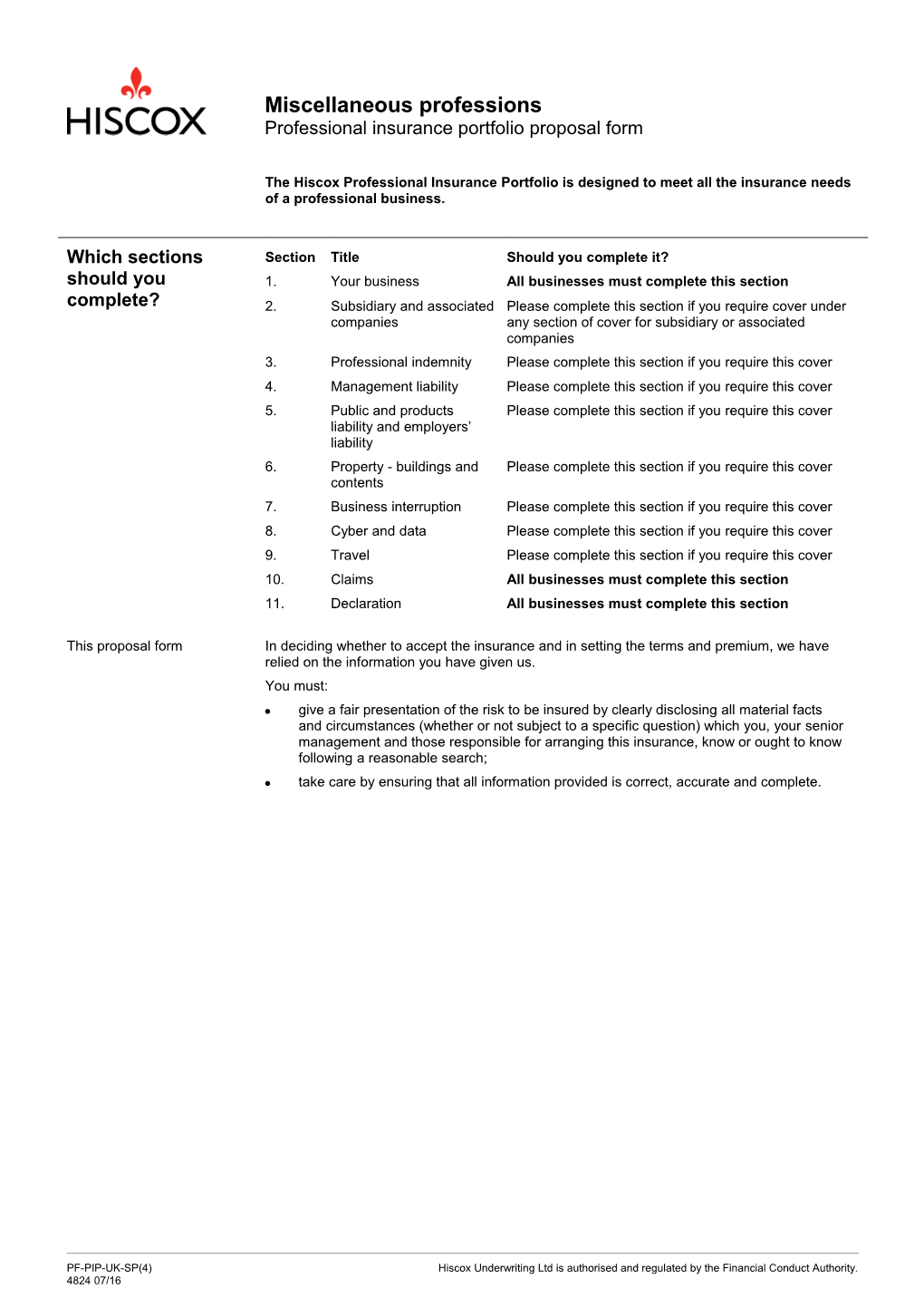 Miscellaneous Professions - Proposal Form (UK)
