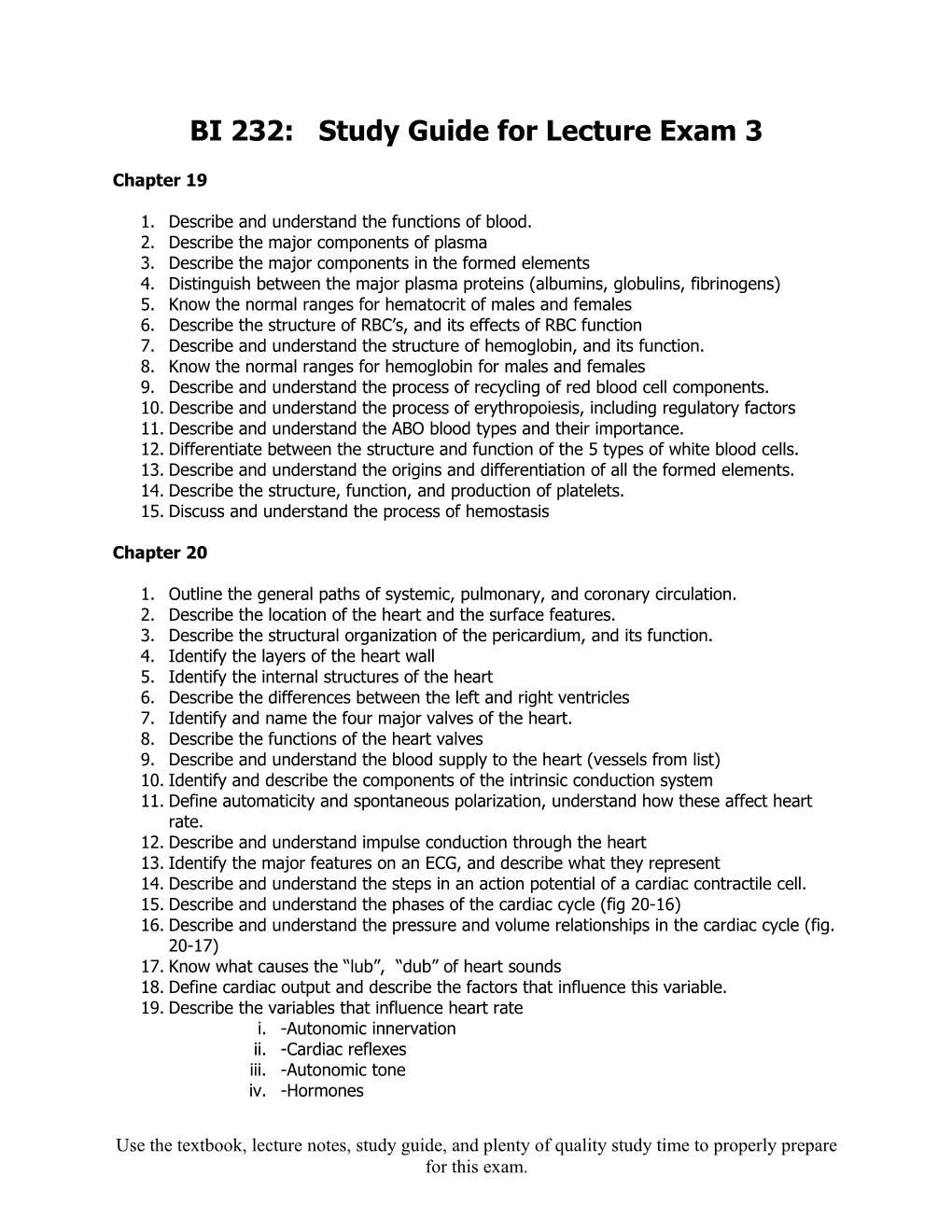 BI 1232: Study Guide for Lecture Exam 3