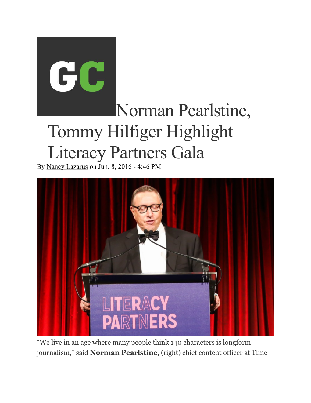 Norman Pearlstine, Tommy Hilfiger Highlight Literacy Partners Gala