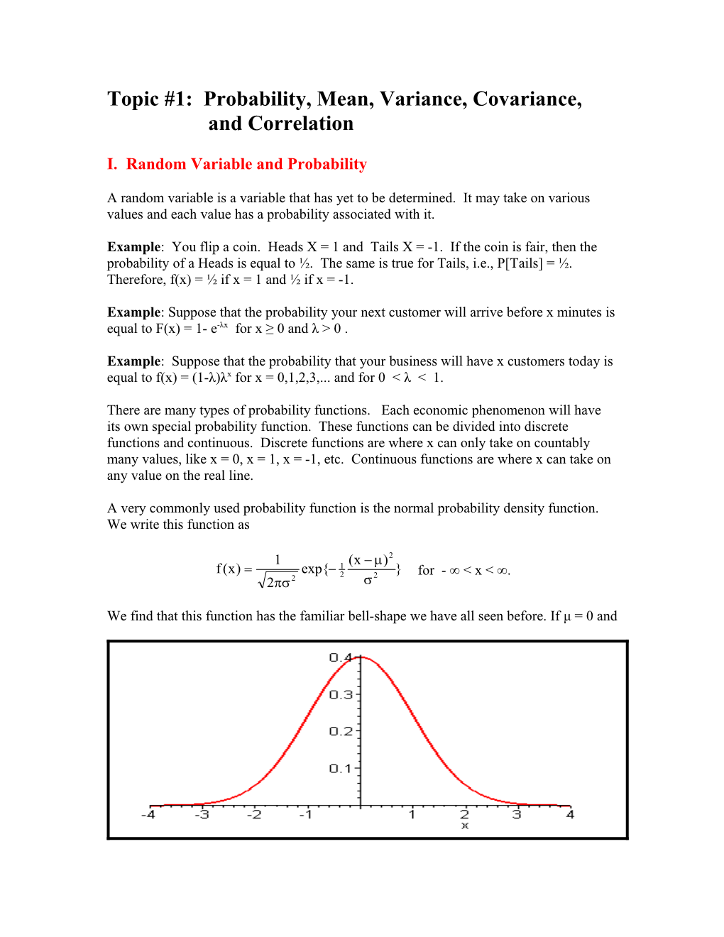 Topic #1: Probability, Mean, Variance, Covariance, and Correlation