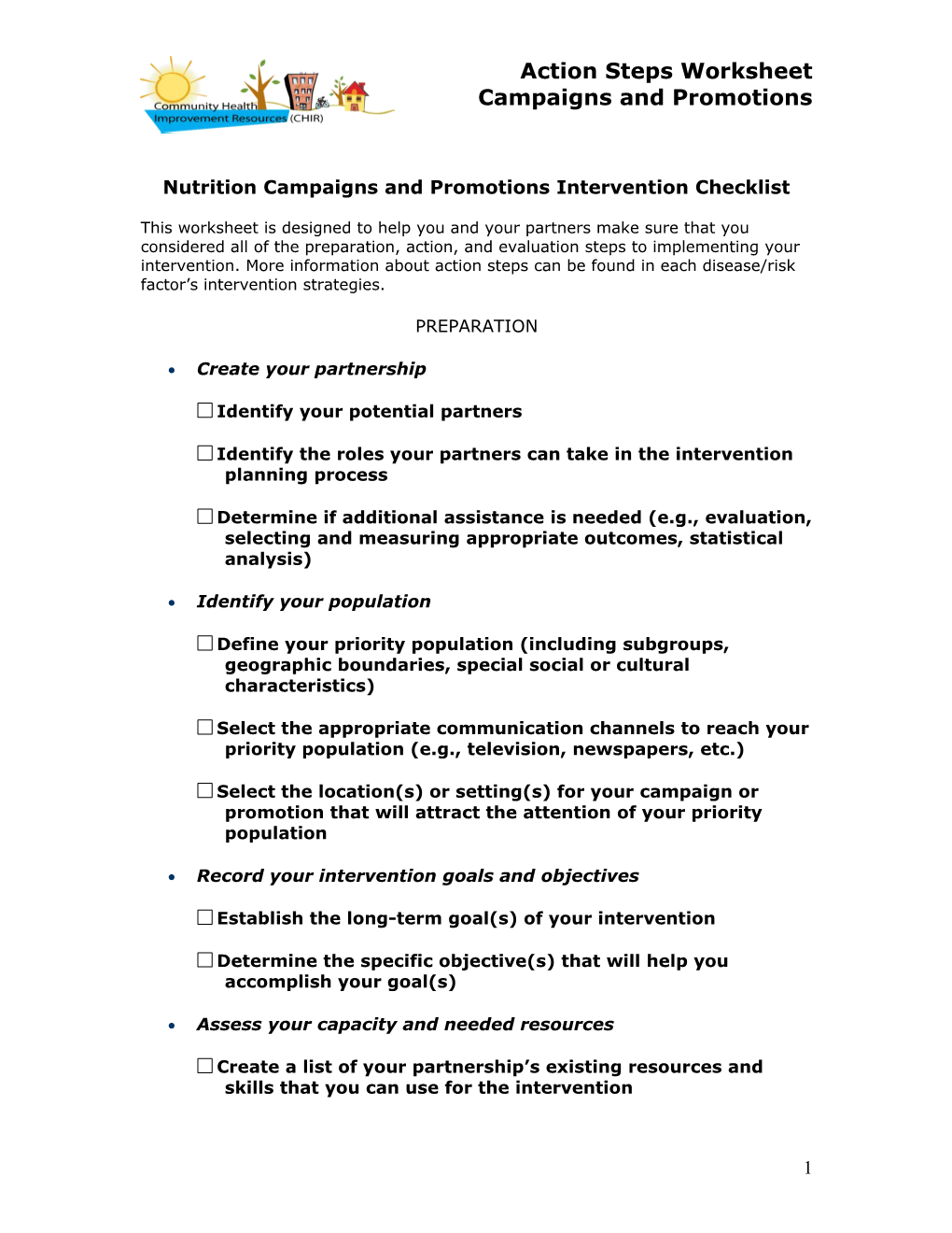 Nutrition Campaigns and Promotions Intervention Checklist