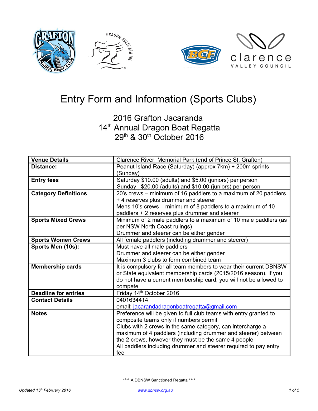 Entry Form and Information (Sports Clubs)