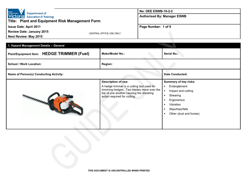 Plant and Equipment Risk Management Form - Hedge Trimmer (Fuel)