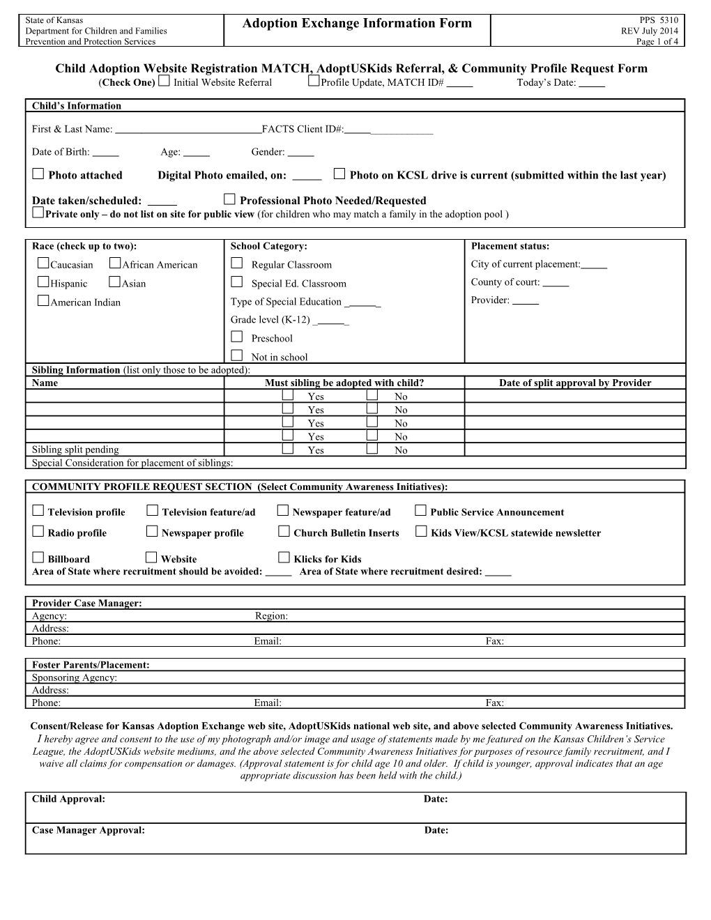 Adoption Exchange Information Form