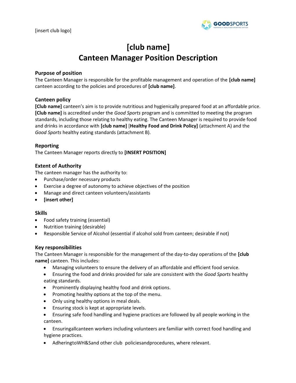 Canteen Manager Position Description