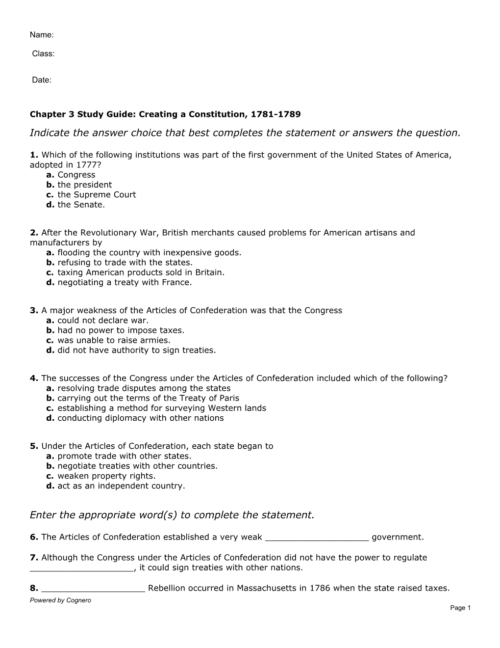 Chapter 3 Creating a Constitution, 1781-1789 Lesson 1 Quiz
