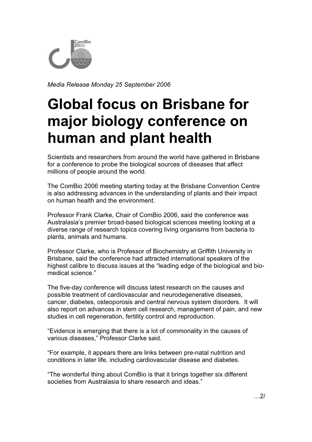 Global Focus on Brisbane for Major Biology Conference on Human and Plant Health