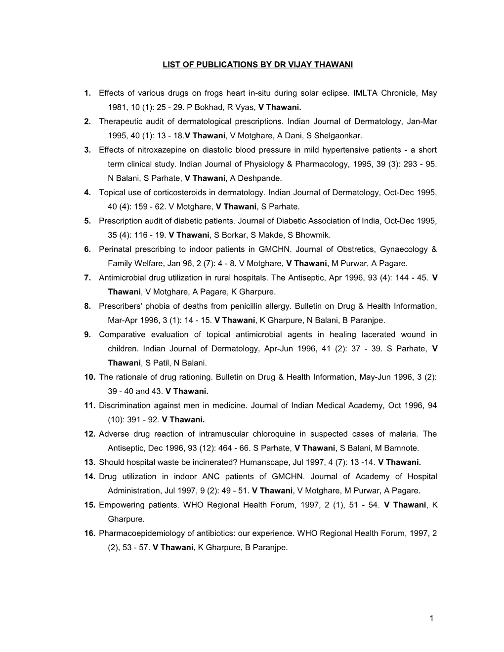 List of Publications by Dr Vijay Thawani