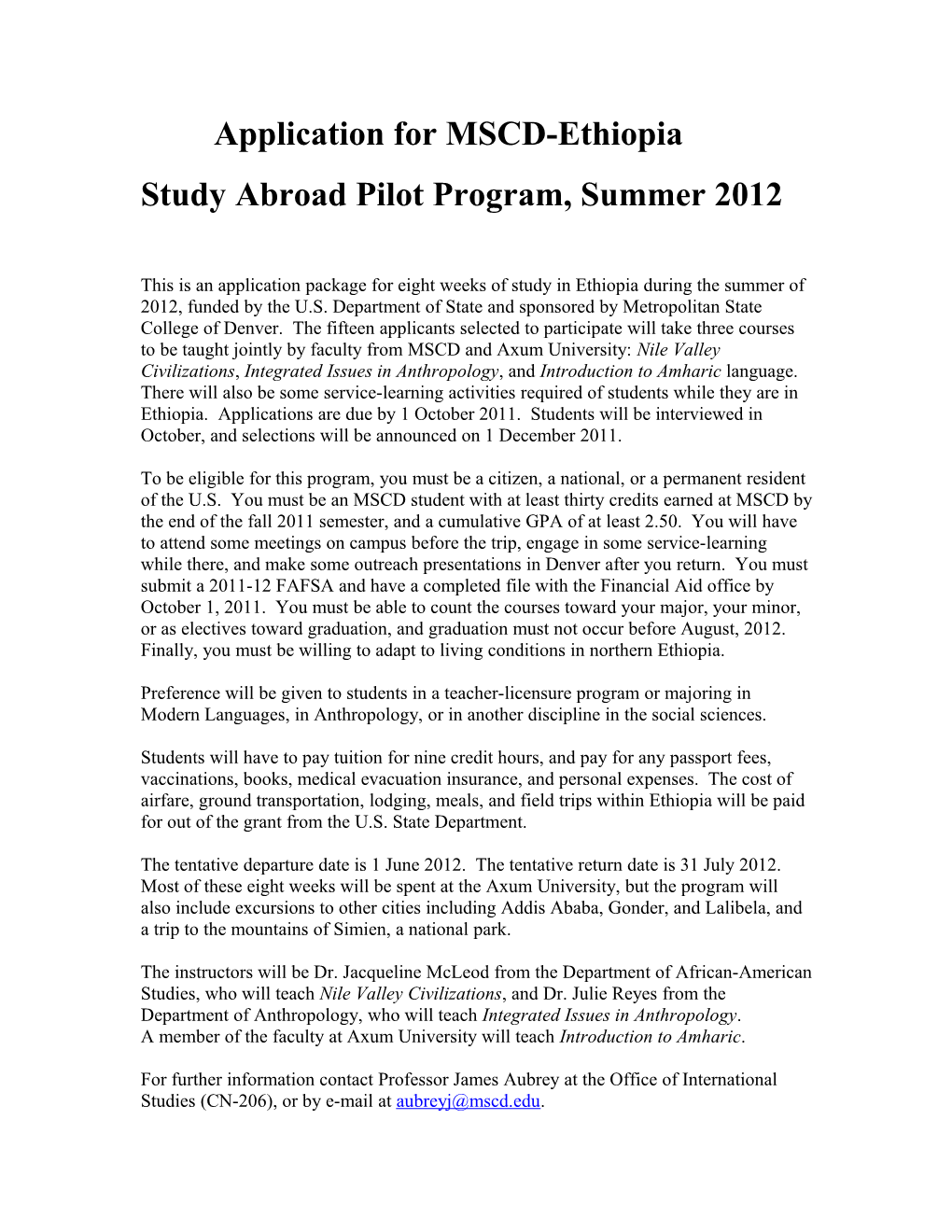 Study Abroad Pilot Program, Summer 2012