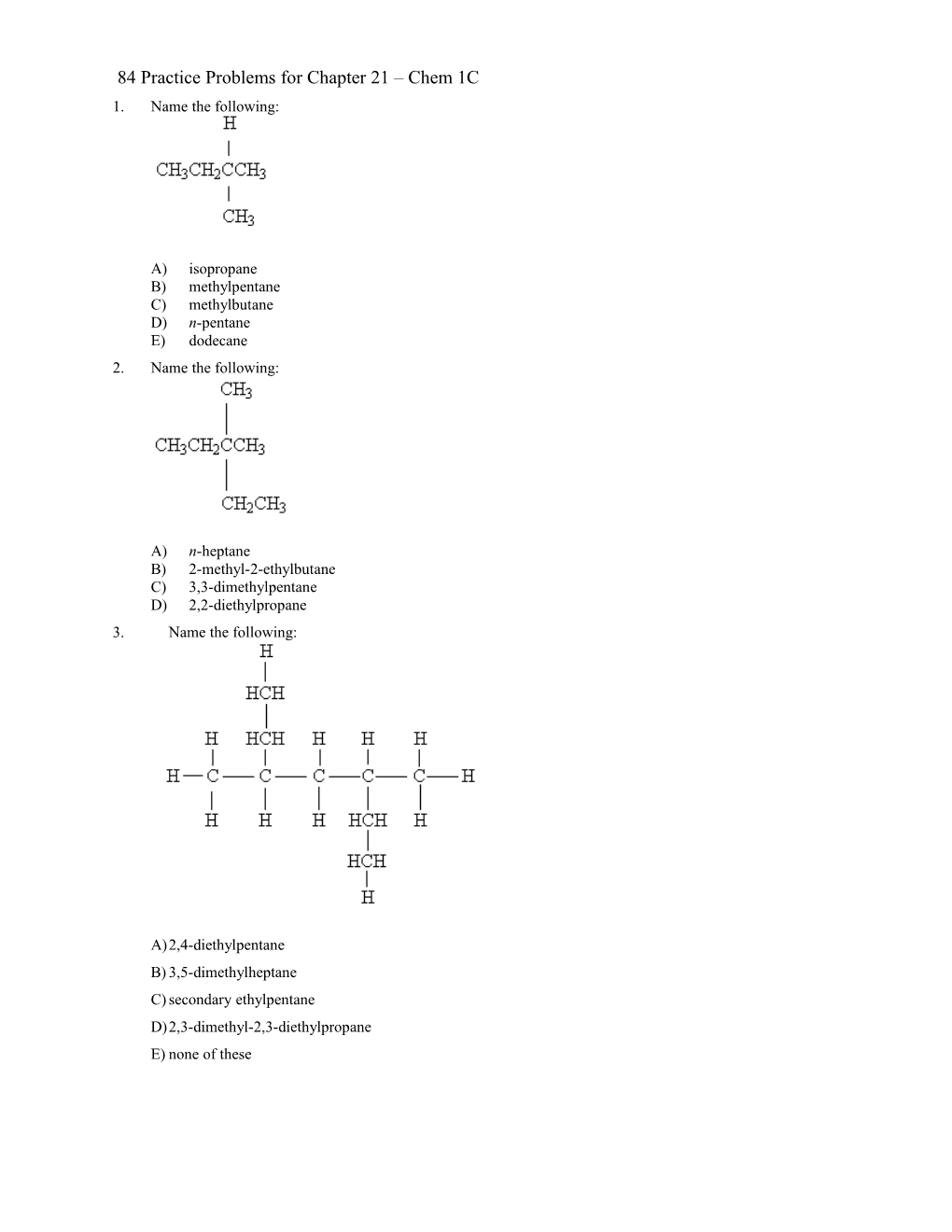 84 Practice Problems for Chapter 21 Chem 1C