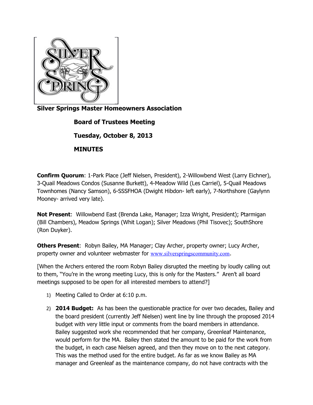 Silver Springs Master Homeowners Association