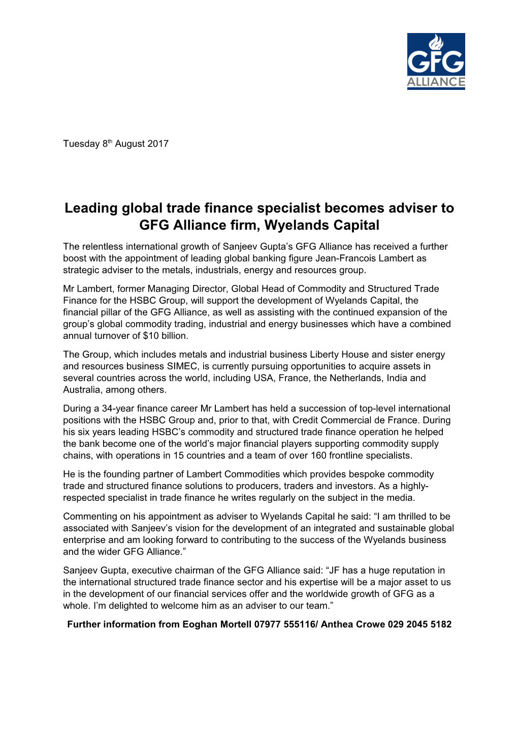 Leading Global Trade Finance Specialist Becomes Adviser to GFG Alliance Firm, Wyelands Capital