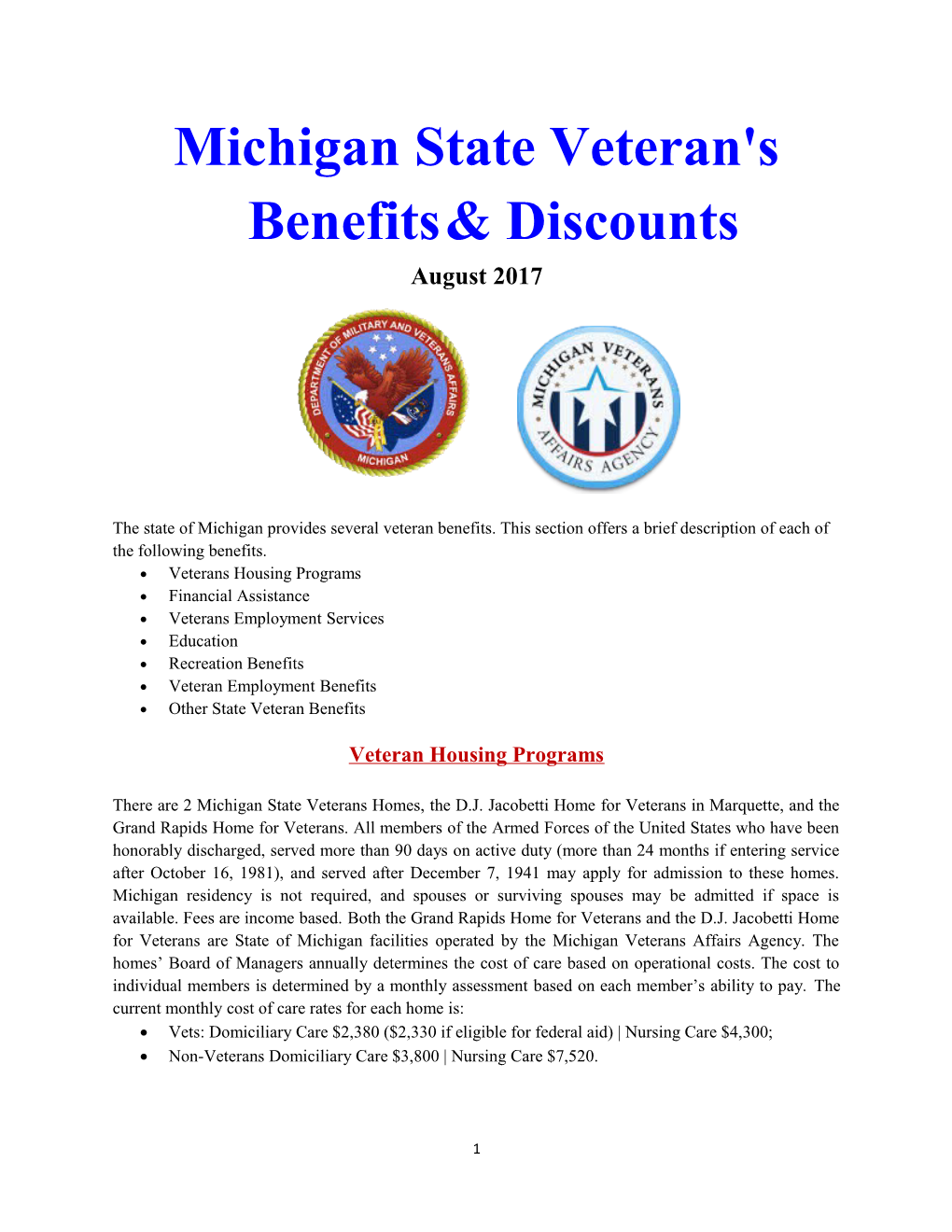 Michigan State Veteran's Benefits& Discounts
