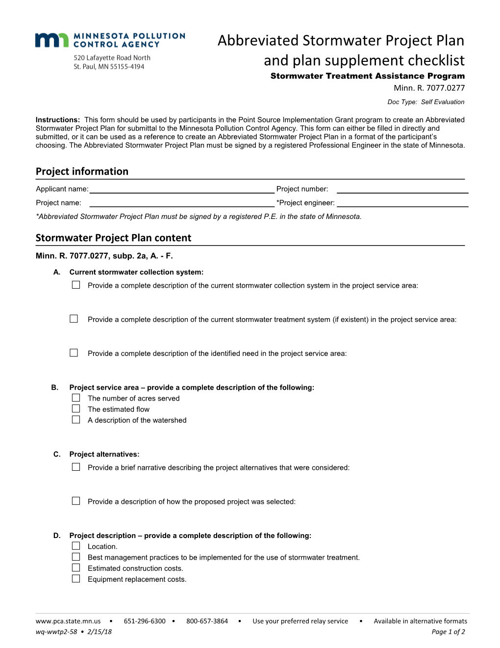 Abbreviated Stormwater Project Plan and Plan Supplement Checklist
