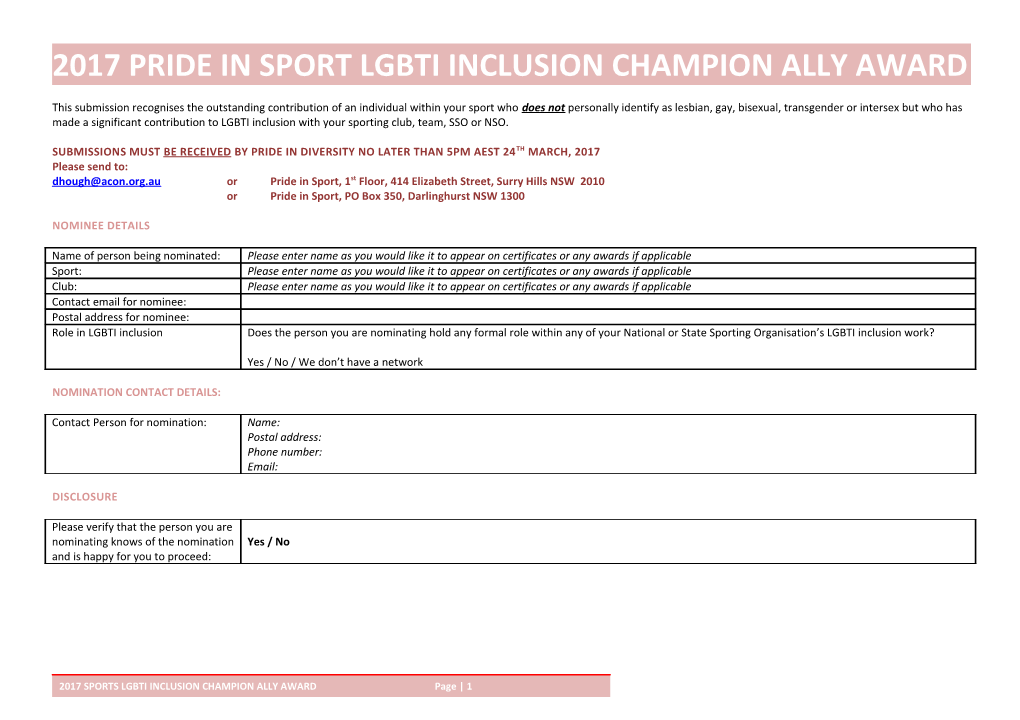 2017 Pride in Sport Lgbti Inclusion Champion Ally Award