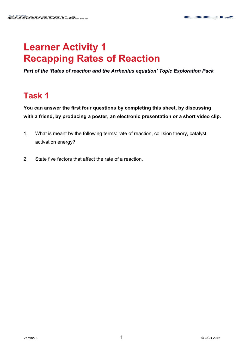 A Level Chemistry a Topic Exploration Pack (Rates of Reaction)