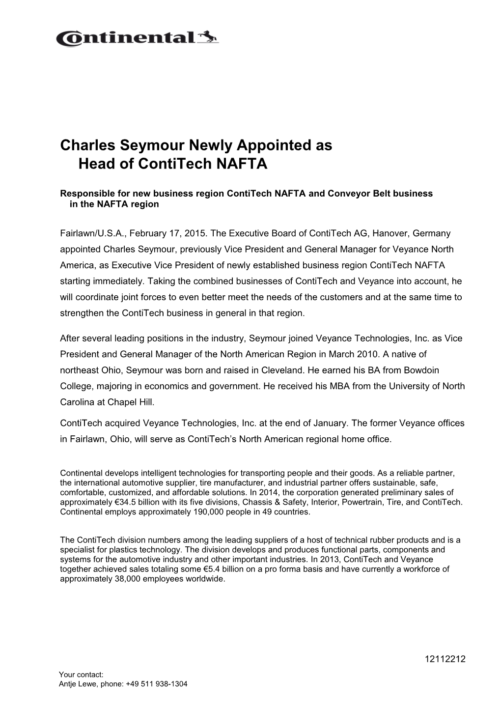 Charles Seymour Newly Appointed As Head of Contitech NAFTA