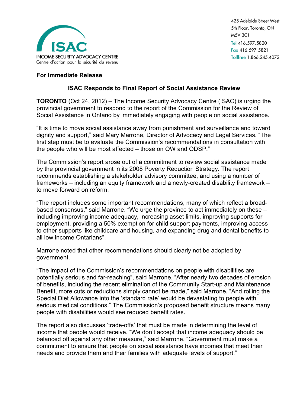 ISAC Response to the SAR Report