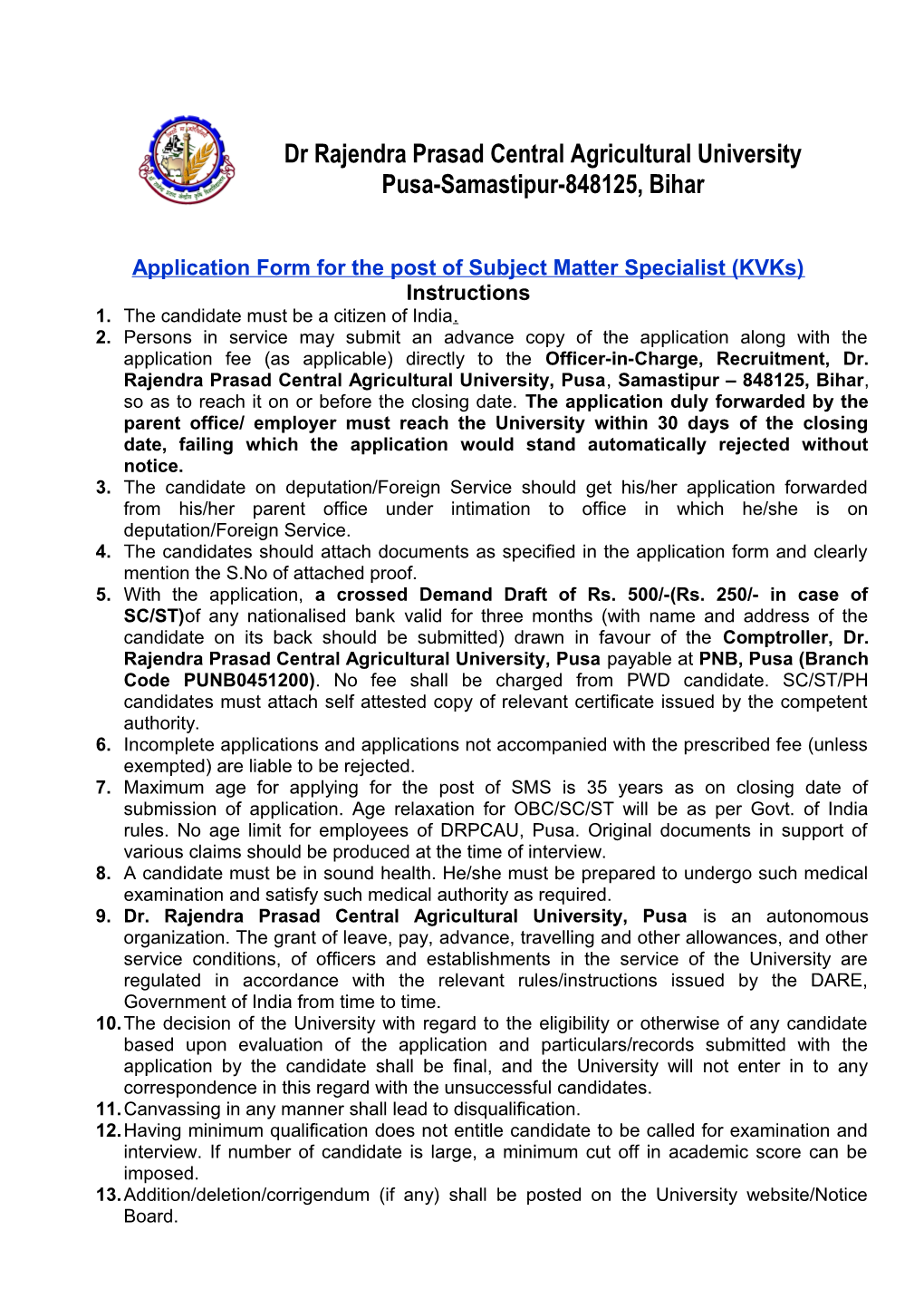 Applicationform for the Post of Subject Matter Specialist (Kvks)