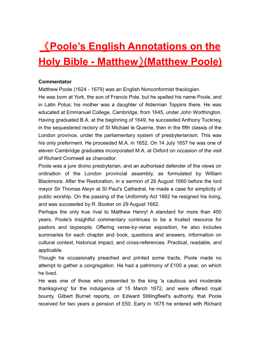 Poole S English Annotationson the Holy Bible - Matthew (Matthew Poole)