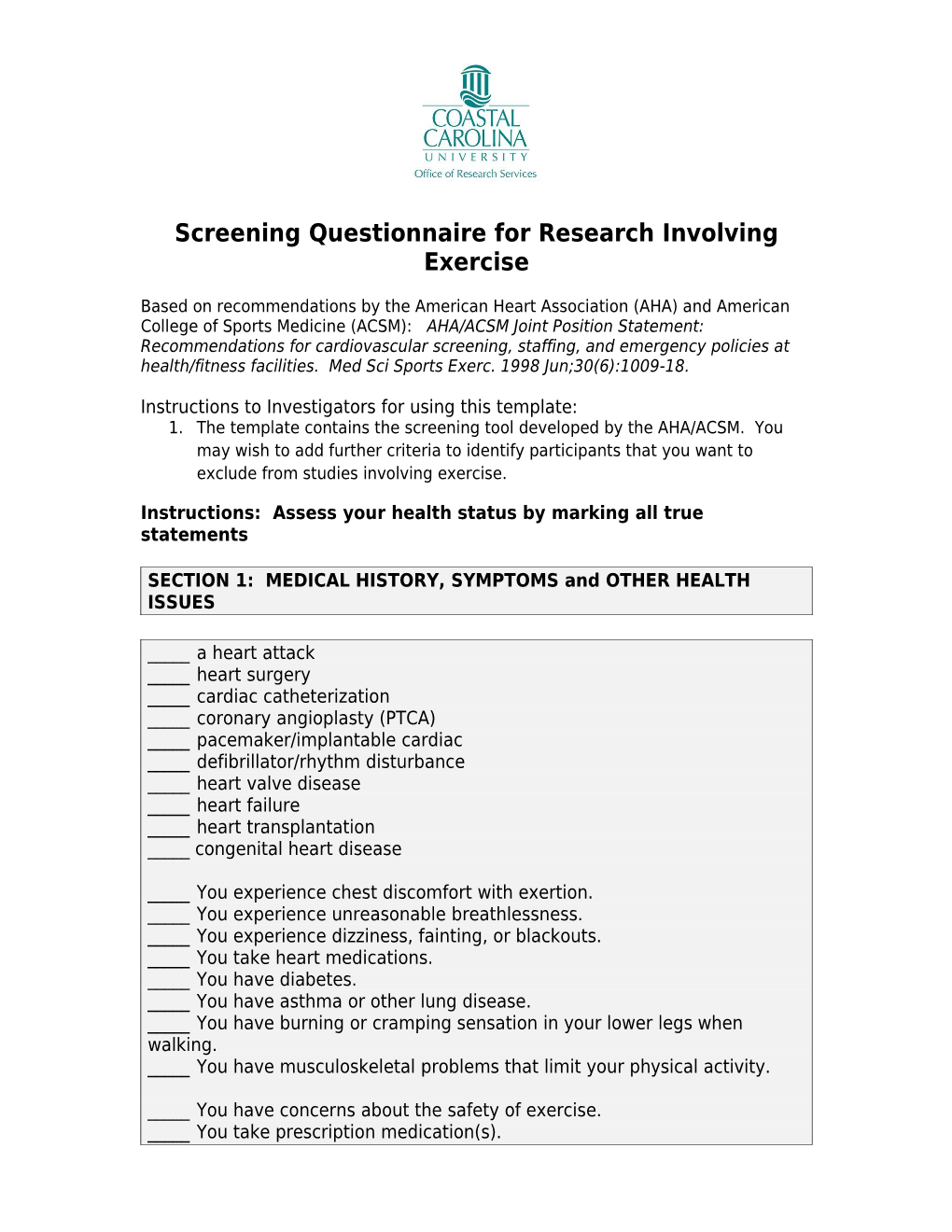 Screening Questionnairefor Research Involving Exercise