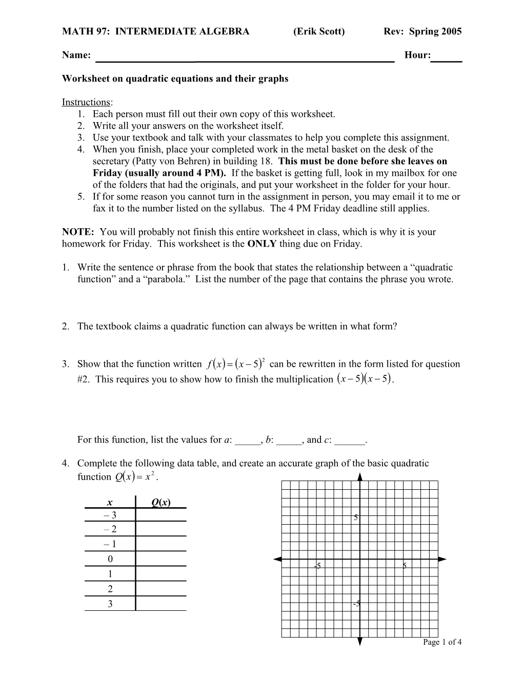Worksheet Onquadratic Equations and Their Graphs