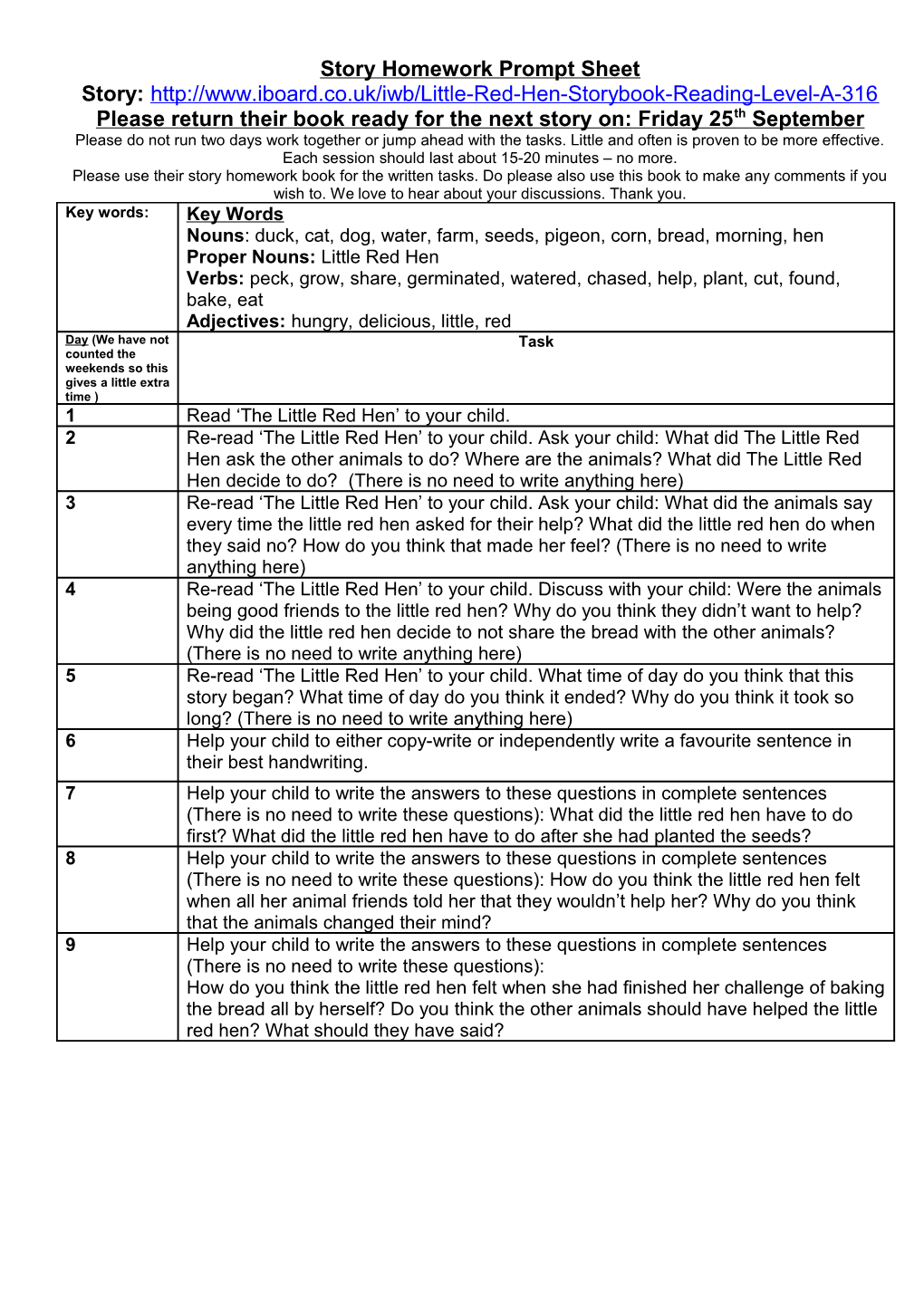 Story Homework Prompt Sheet