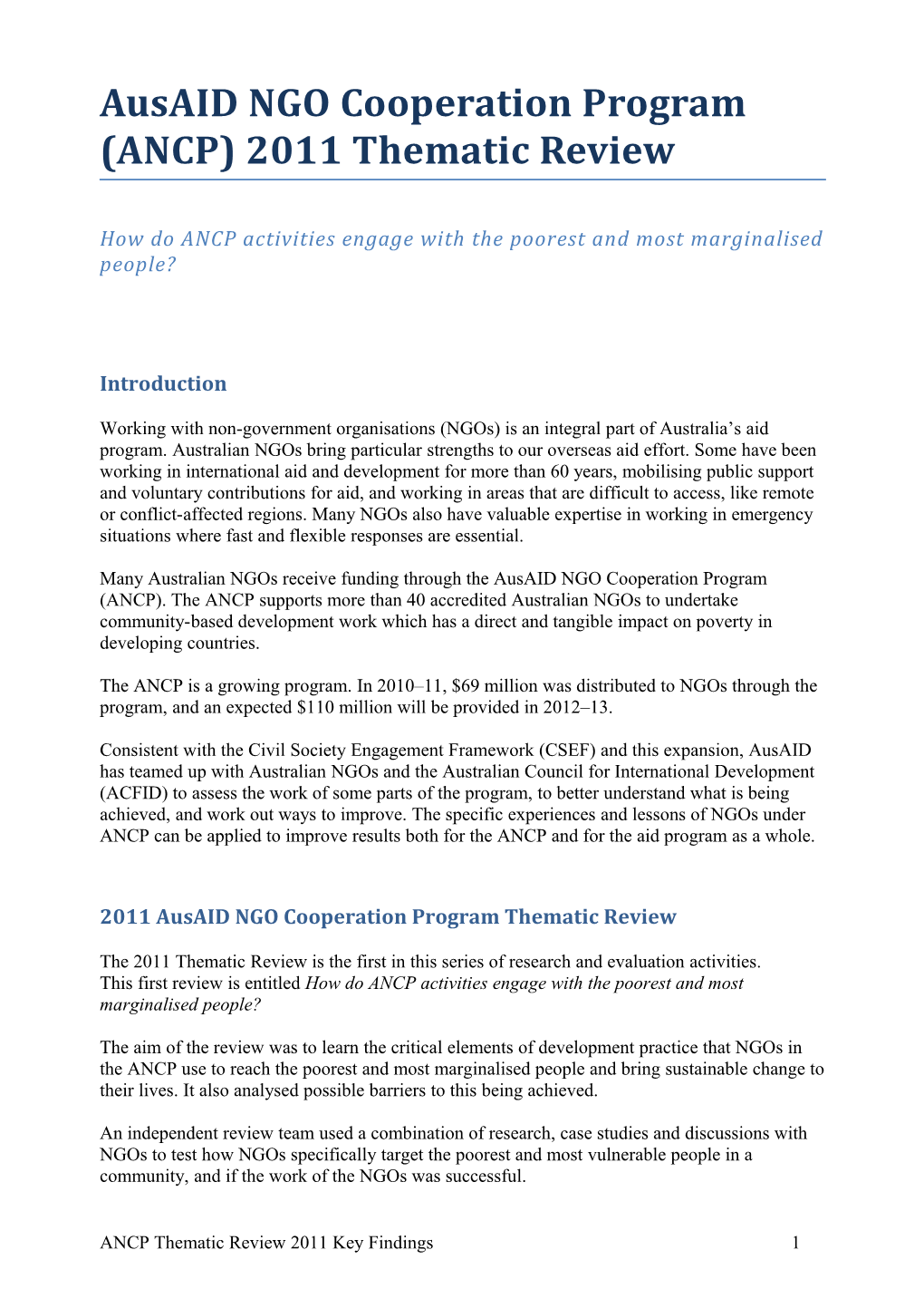 Ausaid NGO Cooperation Program (ANCP) 2011 Thematic Review