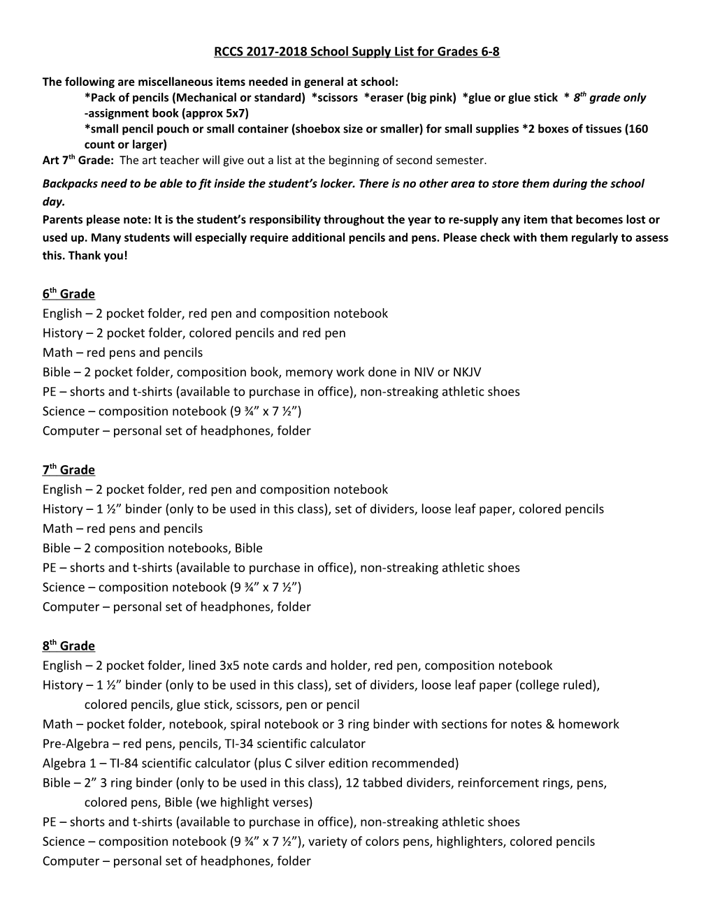 RCCS 2017-2018 School Supply List for Grades 6-8