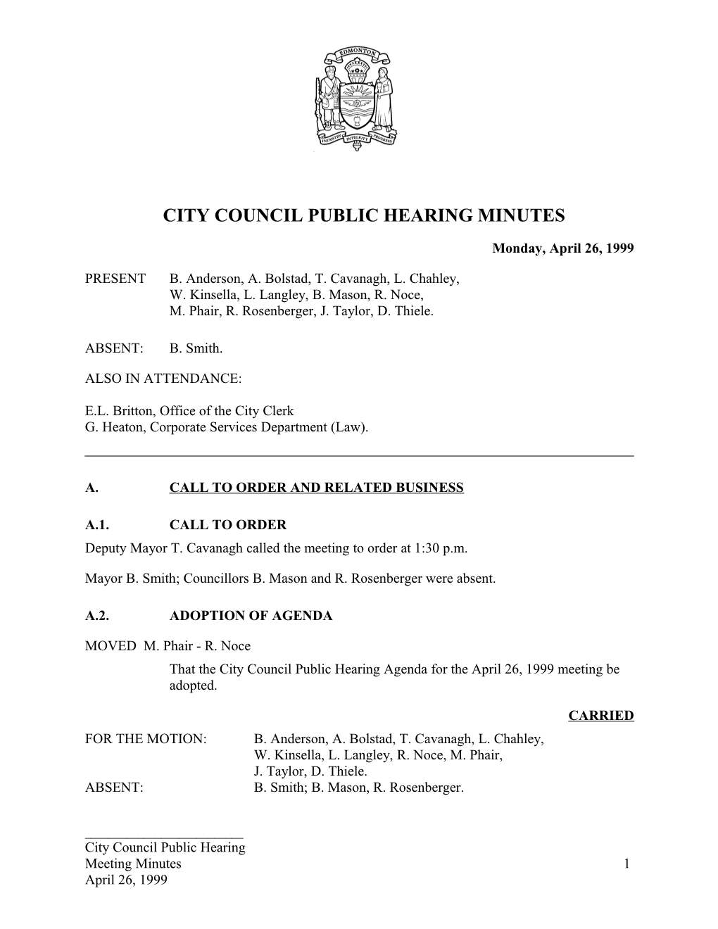 Minutes for City Council April 26, 1999 Meeting