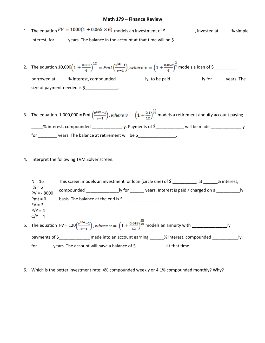 Math 179 Finance Review