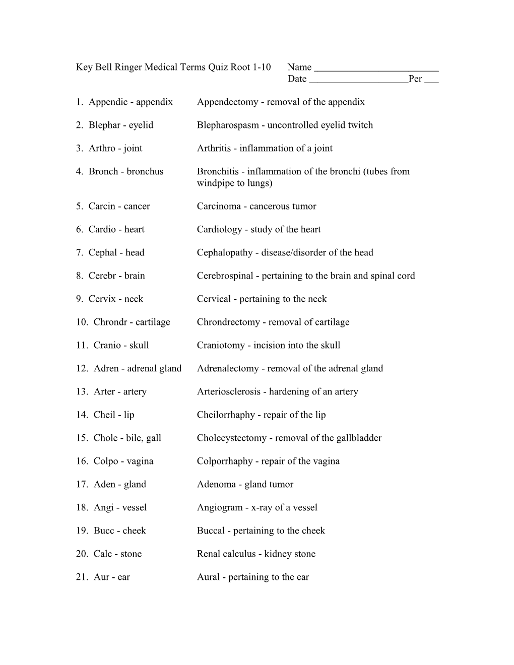 Key Bell Ringer Medical Terms Quiz Root 1-10