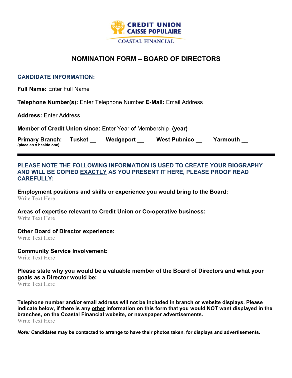 Nomination Form Board of Directors