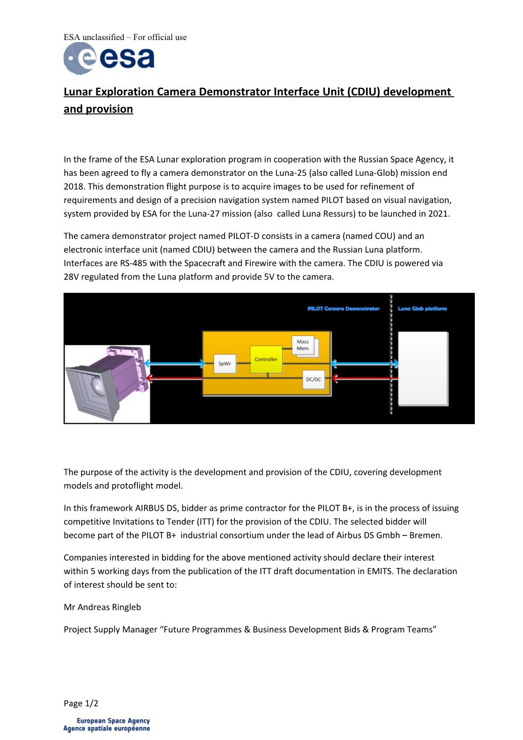 Lunar Exploration Camera Demonstrator Interface Unit (CDIU) Development and Provision